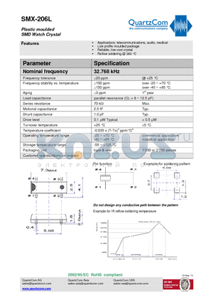 SMX-206L datasheet - Plastic moulded SMD Watch Crystal Reflow soldering @ 260 `C