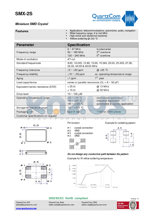 SMX-2S datasheet - Miniature SMD Crystal Reflow soldering @ 260 `C