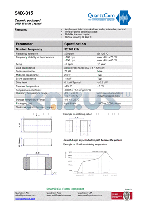 SMX-315 datasheet - Ceramic packaged SMD Watch Crystal Reliable, low cost crystal