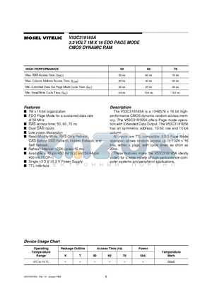 V53C318165A60 datasheet - 3.3 VOLT 1M X 16 EDO PAGE MODE CMOS DYNAMIC RAM