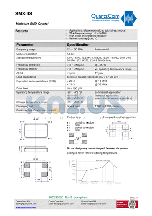 SMX-4S datasheet - Miniature SMD Crystal Reflow soldering @ 260 `C