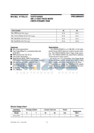 V53C516400A60 datasheet - 4M x 4 FAST PAGE MODE CMOS DYNAMIC RAM