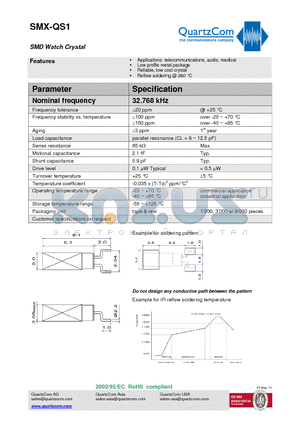 SMX-QS1 datasheet - SMD Watch Crystal Low profile metal package