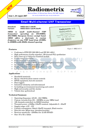 SMX2-433-5 datasheet - Small Multi-channel UHF Transceiver