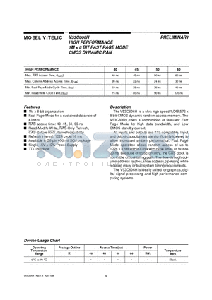 V53C806H40 datasheet - HIGH PERFORMANCE 1M x 8 BIT FAST PAGE MODE CMOS DYNAMIC RAM