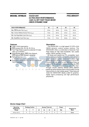 V53C8126H datasheet - ULTRA-HIGH PERFORMANCE, 128K X 8 BIT FAST PAGE MODE CMOS DYNAMIC RAM