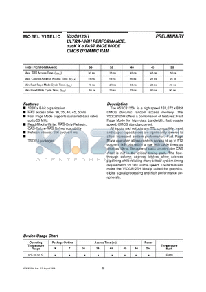 V53C8125H30 datasheet - ULTRA-HIGH PERFORMANCE, 128K X 8 FAST PAGE MODE CMOS DYNAMIC RAM