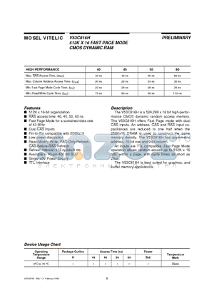 V53C816H datasheet - 512K X 16 FAST PAGE MODE CMOS DYNAMIC RAM