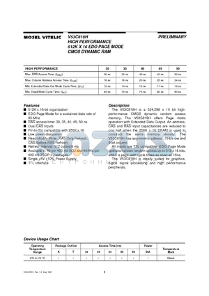 V53C818H50 datasheet - HIGH PERFORMANCE 512K X 16 EDO PAGE MODE CMOS DYNAMIC RAM