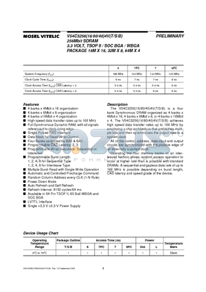 V54C3256164VB datasheet - 256Mbit SDRAM 3.3 VOLT, TSOP II / SOC BGA / WBGA PACKAGE 16M X 16, 32M X 8, 64M X 4