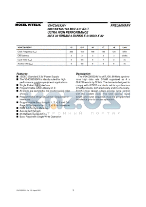 V54C365324V datasheet - 200/183/166/143 MHz 3.3 VOLT ULTRA HIGH PERFORMANCE 2M X 32 SDRAM 4 BANKS X 512Kbit X 32