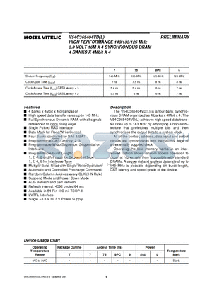 V54C365404VD datasheet - HIGH PERFORMANCE 143/133/125 MHz 3.3 VOLT 16M X 4 SYNCHRONOUS DRAM 4 BANKS X 4Mbit X 4