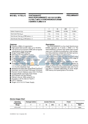 V54C365804VC datasheet - HIGH PERFORMANCE 143/133/125 MHz 3.3 VOLT 8M X 8 SYNCHRONOUS DRAM 4 BANKS X 2Mbit X 8