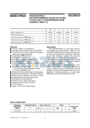 V54C365164 datasheet - HIGH PERFORMANCE 225/200/166/143 MHz 3.3 VOLT 4M X 16 SYNCHRONOUS DRAM 4 BANKS X 1Mbit X 16