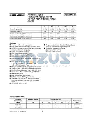 V55C2128164V datasheet - 128Mbit LOW-POWER SDRAM 2.5 VOLT, TSOP II / BGA PACKAGE 8M X 16