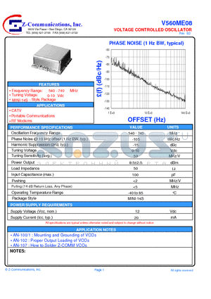 V560ME08 datasheet - LOW COST - HIGH PERFORMANCE VOLTAGE CONTROLLED OSCILLATOR