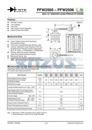 PFW2502 datasheet - 25A 1/2 WASHER LEAD PRESS-FIT DIODE