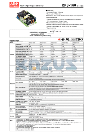 RPS-160 datasheet - 160W Single Output Medical Type