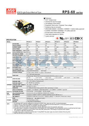 RPS-60-12 datasheet - 60W Single Output Medical Type