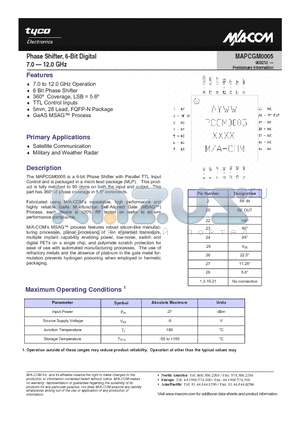PG0005 datasheet - Phase Shifter, 6-Bit Digital 7.0 - 12.0 GHz