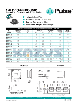 PG0063.102 datasheet - SMT POWER INDUCTORS UNSHIELDED DRUM CORE