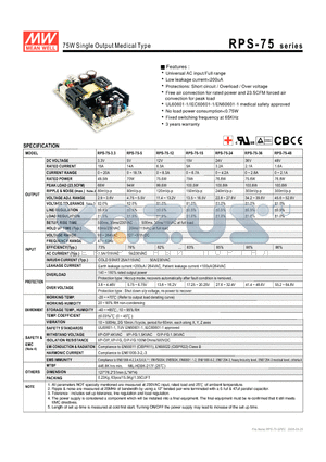 RPS-75-12 datasheet - 75W Single Output Medical Type