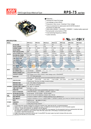 RPS-75-24 datasheet - 75W Single Output Medical Type