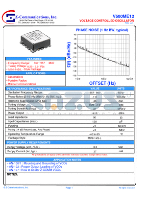 V580ME12 datasheet - LOW COST - HIGH PERFORMANCE VOLTAGE CONTROLLED OSCILLATOR