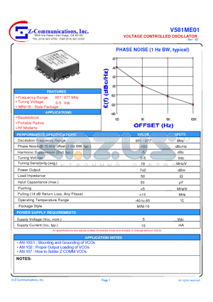 V581ME01 datasheet - VOLTAGE CONTROLLED OSCILLATOR