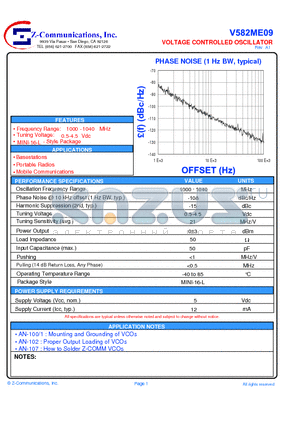 V582ME09 datasheet - LOW COST - HIGH PERFORMANCE VOLTAGE CONTROLLED OSCILLATOR