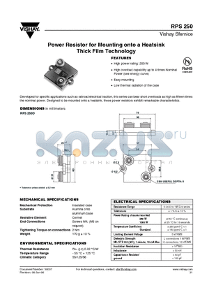 RPS250L250U1ZA3B015E datasheet - Power Resistor for Mounting onto a Heatsink Thick Film Technology