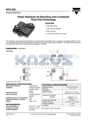 RPS500 datasheet - Power Resistors for Mounting onto a Heatsink Thick Film Technology