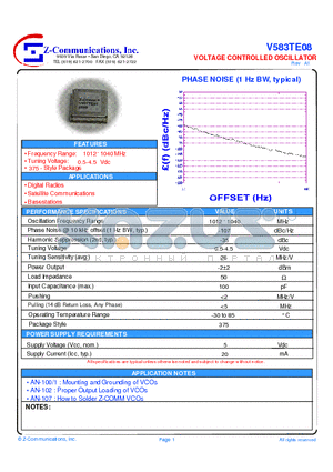 V583TE08 datasheet - LOW COST - HIGH PERFORMANCE VOLTAGE CONTROLLED OSCILLATOR