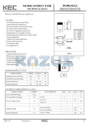 PG05GSUL2 datasheet - Single Line TVS Diode for ESD Protection in Portable Electronics Applications