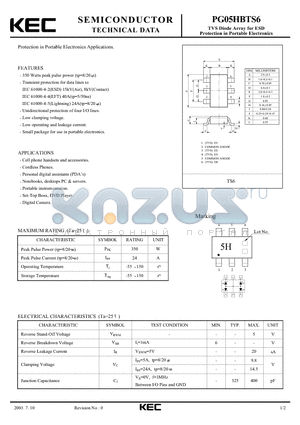 PG05HBTS6 datasheet - TVS Diode Array for ESD Protection in Portable Electronics