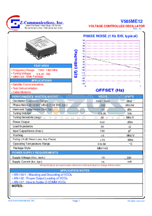 V585ME12 datasheet - LOW COST - HIGH PERFORMANCE VOLTAE CONTROLLED OSCILLATOR