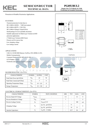 PG05UBUL2 datasheet - Single Line TVS Diode for ESD Protection in Portable Electronics