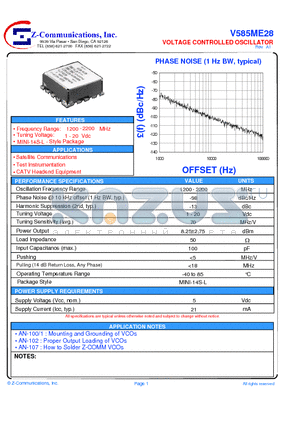 V585ME28 datasheet - LOW COST - HIGH PERFORMANCE VOLTAGE CONTROLLED OSCILLATOR