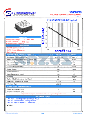 V585ME29 datasheet - LOW COST - HIGH PERFORMANCE VOLTAGE CONTROLLED OSCILLATOR