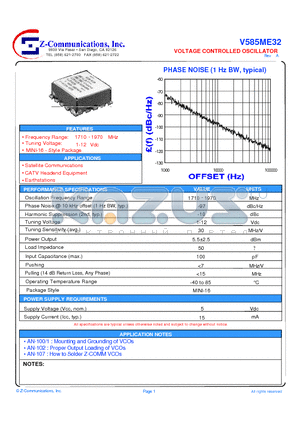 V585ME32 datasheet - LOW COST - H IGH PERFORMANCE VOLTAGE CONTROLLED OSCILLATOR