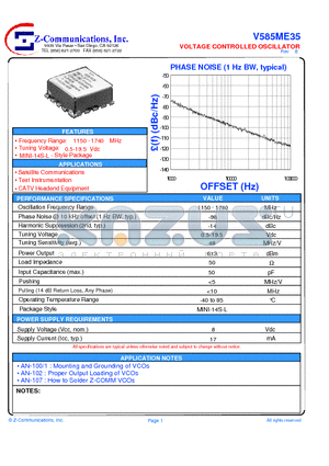 V585ME35 datasheet - LOW COST - HIGH PERFORMANCE VOLTAGE CONTROLLED OSCILLATOR