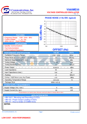 V585ME55 datasheet - VOLTAGE CONTROLLED OSCILLATOR