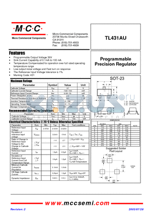 TL431AU datasheet - Programmable Precision Regulator