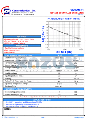 V585ME61 datasheet - VOLTAGE CONTROLLED OSCILLATOR