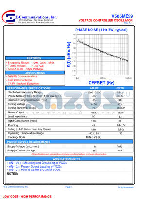 V585ME59 datasheet - VOLTAGE CONTROLLED OSCILLATOR