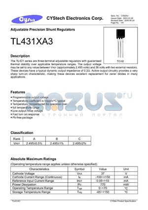 TL431BA3 datasheet - Adjustable Precision Shunt Regulators
