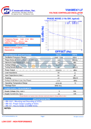 V585ME67-LF datasheet - VOLTAGE CONTROLLED OSCILLATOR