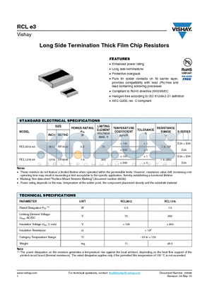 RCL1218 datasheet - Long Side Termination Thick Film Chip Resistors