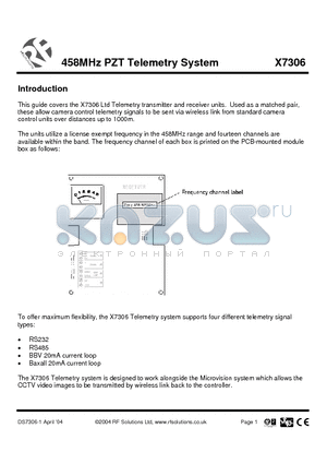 X7306 datasheet - 458MHz PZT Telemetry System