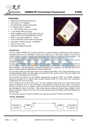 X7000 datasheet - 458MHZ RF SYNTHESISED TRANSCEIVER